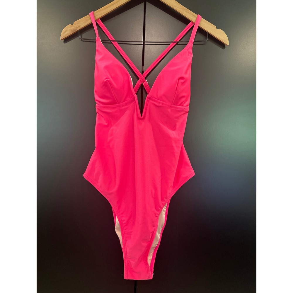 Cupshe Womens Hot Pink Deep V-Neck Crisscross Back One Piece Swimsuit Small NEW